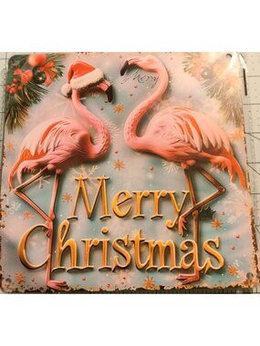 Flamingos Santa Hat Metal  Plaque Merry Christmas  Tropical Coastal